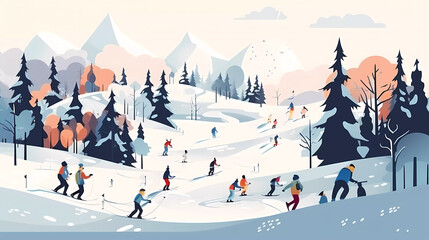 Winter snow mountain landscape with people skiing,winter activity sport.