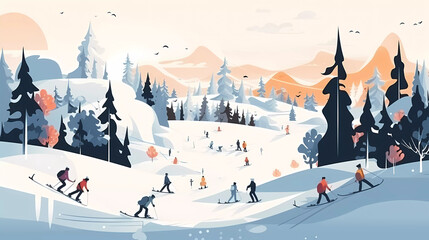 Fototapeta na wymiar Winter snow mountain landscape with people skiing,winter activity sport.