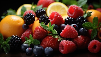 Blackberries and various fruits.