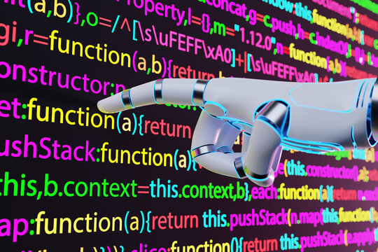 White robotic hand pointing at a computer screen of colorful programming code. Illustration of the concept of coding with the assistance of artificial intelligence