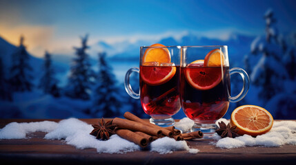 Set of glasses of mulled wine on a winter background
