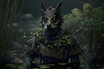 a furry anthropomorphic wolf in a dark fantasy swamp wearing wrags 