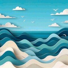 Abstract blue sea and summer beach background with paper waves and sea coast for banner, invitation, poster or website design. Paper cut pattern, imitating 3D effect, space for text,  illustration