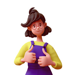 Portrait of cute kawaii excited casual asian brunette k-pop girl in fashion clothes purple overalls, yellow t-shirt showing thumb up hand gesture good job respect. 3d render isolated transparent.