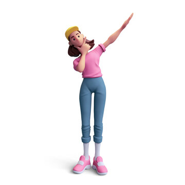 Cute kawaii excited asian colorful active k-pop girl in fashion clothes blue pants, pink t-shirt, cap touches chin with index finger, thumb, one hand is raised up. 3d render isolated on white backdrop