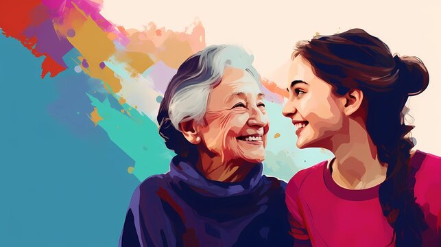 Grandmother and granddaughter smile at each other, illustration in pop art style