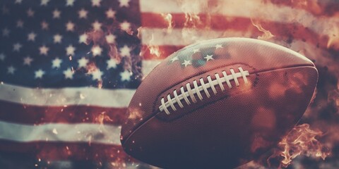 american football themed background featuring football and american flag - obrazy, fototapety, plakaty