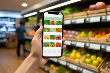 Up-close online grocery shopping: hand grips phone showcasing delivery app supermarket background