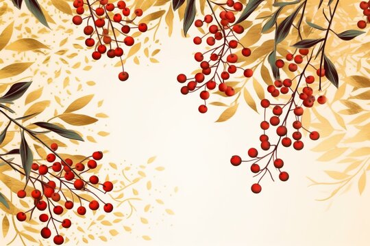 Japanese-style background with leaves and red berries of nandina on white and gold washi paper for New Year's greeting card. Generative AI