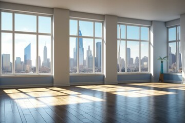 Empty room with skyscrapers view, downtown Philadelphia skyline, high-rise window, beautiful real estate, daylight. Generative AI