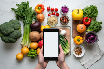 Healthy choices banner: hand holding phone with online app against fresh organic veggies, fruits. - obrazy, fototapety, plakaty