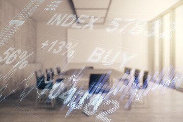 Multi exposure of virtual abstract financial graph interface on a modern coworking room background, financial and trading concept