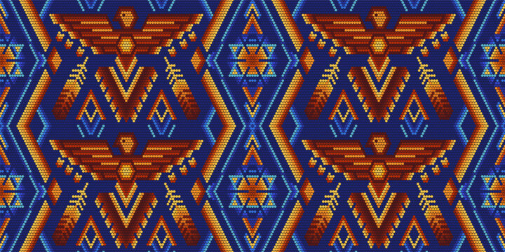 Tribal Ethnic geometric ornament in Mexican style. Wixarika Huichol, beaded pattern with eagles. 