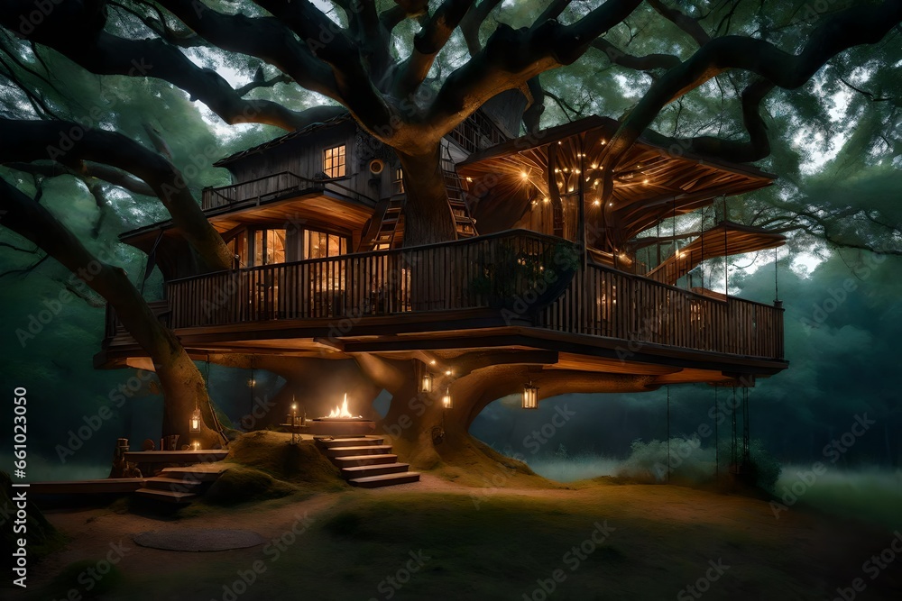 Poster a vivid description inspired by a majestic treehouse nestled within the embrace of an ancient oak tr