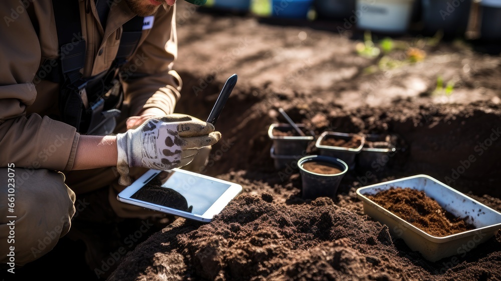 Leinwandbilder a person with soil samples and environmental monitoring equipment, symbolizing environmental data co