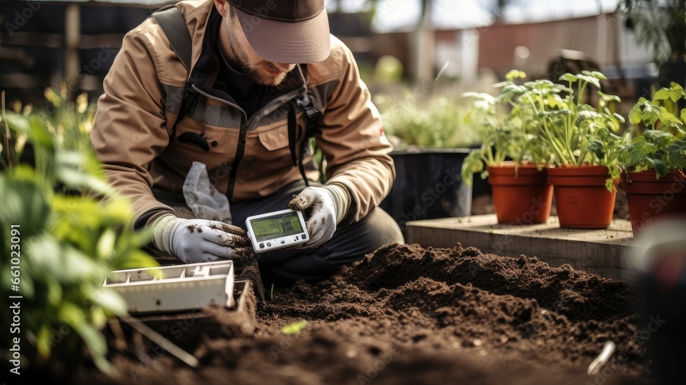 Leinwandbilder a person with soil samples and environmental monitoring equipment, symbolizing environmental data co