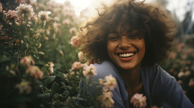 Happy young woman. Laughing in field of flowers at sunset.