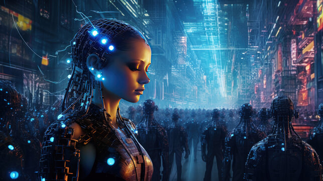 Illustrating the concept of the AI revolution, with robots and cyborgs advancing, evoking the theme of a Skynet-like scenario unfolding.