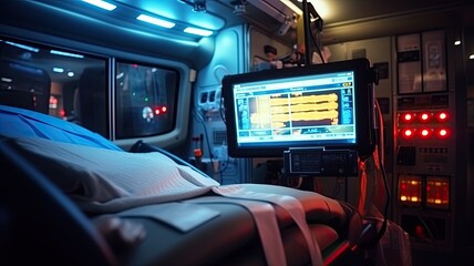 an ECG monitor in an ambulance, with paramedics attending to a patient on the way to the hospital, highlighting the critical role of ECGs in emergency care. - obrazy, fototapety, plakaty