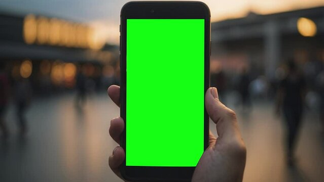  animation hands hold a smartphone with a green screen. The social media image takes a picture, and the smartphone changes to green screen. concept of technology in use and green screens.
