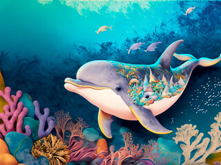 coral reef and dolphin.  AI generative