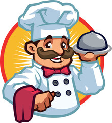 A charismatic mascot chef in holding a tray of food in high-quality vector format.