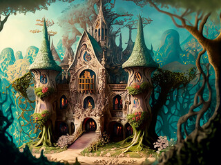 fairy tale castle woods.  AI generative