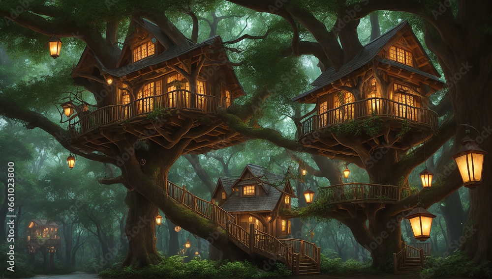 Poster a vivid description inspired by a majestic treehouse nestled within the embrace of an ancient oak tr