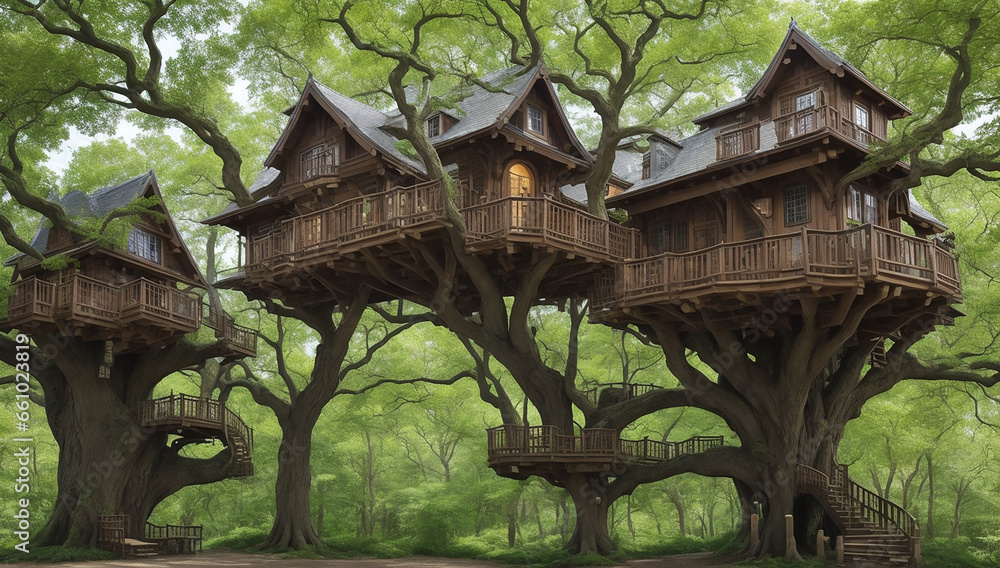Poster a vivid description inspired by a majestic treehouse nestled within the embrace of an ancient oak tr
