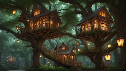 Obraz premium A vivid description inspired by a majestic treehouse nestled within the embrace of an ancient oak tree - AI Generative