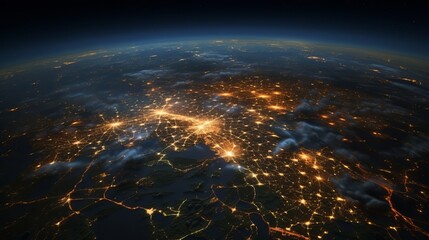 Europe map, view of city lights on night Earth in global satellite picture. EU, Russia, Mediterranean and Middle East in dark, part of World taken from space.