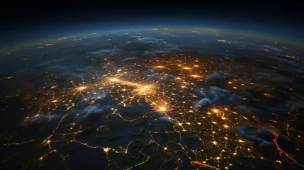 Store enrouleur tamisant sans perçage Europe méditerranéenne Europe map, view of city lights on night Earth in global satellite picture. EU, Russia, Mediterranean and Middle East in dark, part of World taken from space.