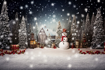Obraz premium Christmas Winter Night Winter Snowman Fantasy Scenery Backdrop Illustration