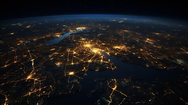 Europe map, view of city lights on night Earth in global satellite picture. EU, Russia, Mediterranean and Middle East in dark, part of World taken from space.