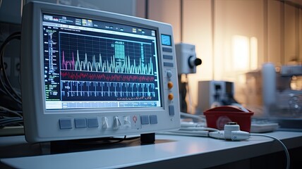 an ECG monitor in a hospital room, displaying a real-time heart rhythm of a patient, with medical professionals in the background ensuring the patient's well-being.