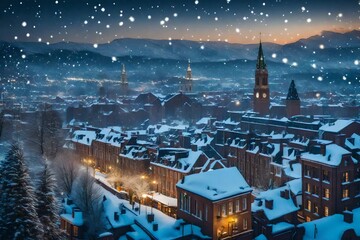 Obraz premium A card with a snowy cityscape and twinkling lights.