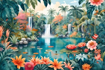 A vivid watercolor illustration portraying a jungle oasis with a serene lake and cascading waterfall - AI Generative