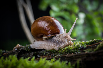 garden snail on moss in the forest