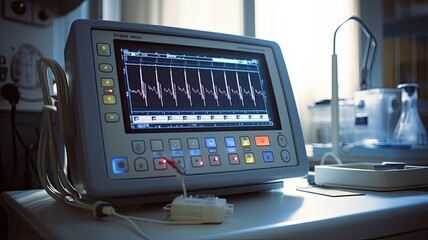 an ECG monitor in a hospital room, displaying a real-time heart rhythm of a patient, with medical professionals in the background ensuring the patient's well-being.