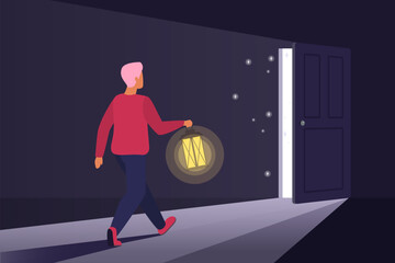 Optimism, step towards bright future and challenge vector illustration. Cartoon optimistic man walking alone in shadow with lantern to open door, opportunity to change, improve life and career © lembergvector