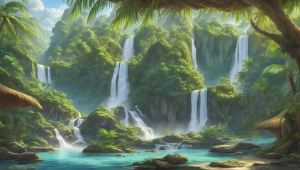 Poster A vivid watercolor illustration portraying a jungle oasis with a serene lake and cascading waterfall - AI Generative © Being Imaginative