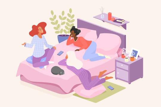 Girls friends talk on pajama party or sleepover in bedroom vector illustration. Cartoon young three female characters in cute pajamas sitting and lying on bed to gossip and drink tea or coffee