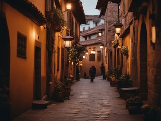 Sunset in the streets of Cusco Peru with light bulbs between the streets, dim lighting