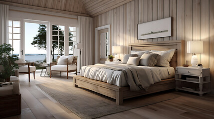 Farmhouse interior design of modern bedroom with hardwood floor