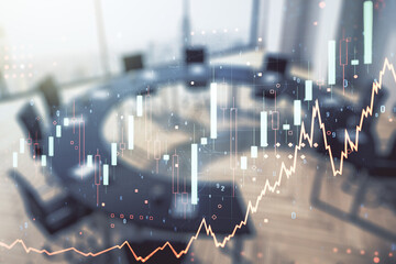 Double exposure of virtual creative financial diagram on a modern boardroom background, banking and accounting concept