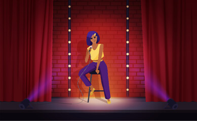 Stand up comedy show on theatre stage with female comedian vector illustration. Cartoon talent woman sitting on stool in spotlight, holding microphone to perform humor monologue and funny jokes