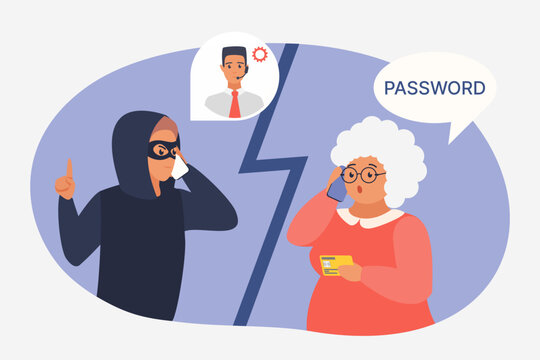 Mobile phone fraud with elderly woman as victim of scam vector illustration. Cartoon scammer talking to senior person to deceive, steal credit card or bank account password, old people trust thief