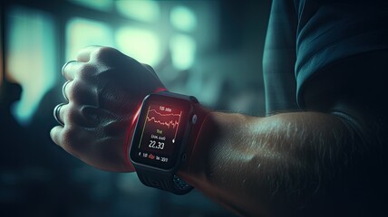 a fitness enthusiast wearing an ECG-equipped smartwatch during a workout, with the monitor displaying heart rate data, promoting the use of technology in maintaining a healthy lifestyle. - obrazy, fototapety, plakaty