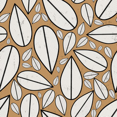 seamless leaves background pattern, with paint strokes and splashes, black and white on brown - 661026080