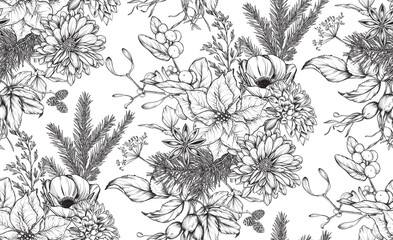 Vector seamless pattern with winter flowers and plants. Christmas endless background.